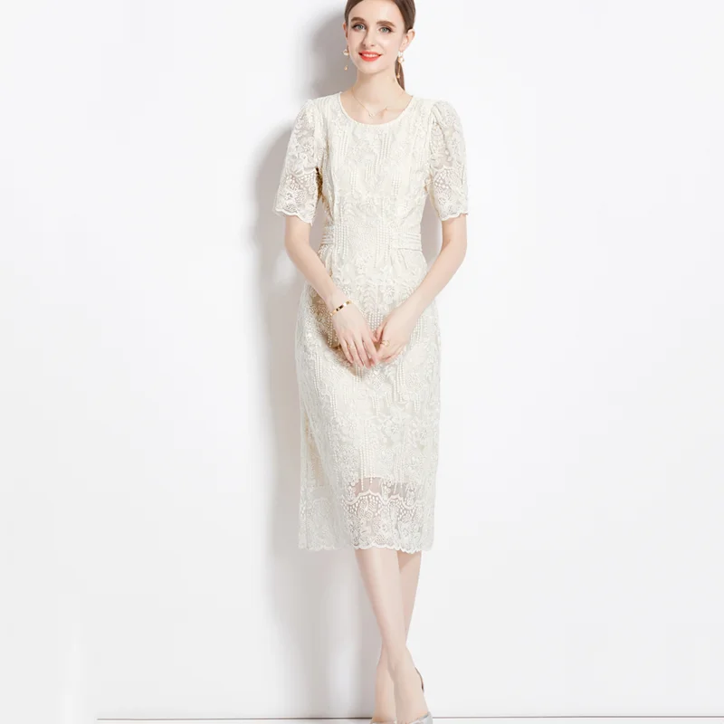 

Однотонное кружевное платье с вышивкой и высокой талией, летнее Новое офисное платье с коротким рукавом и круглым вырезом, элегантное женское платье с бантом