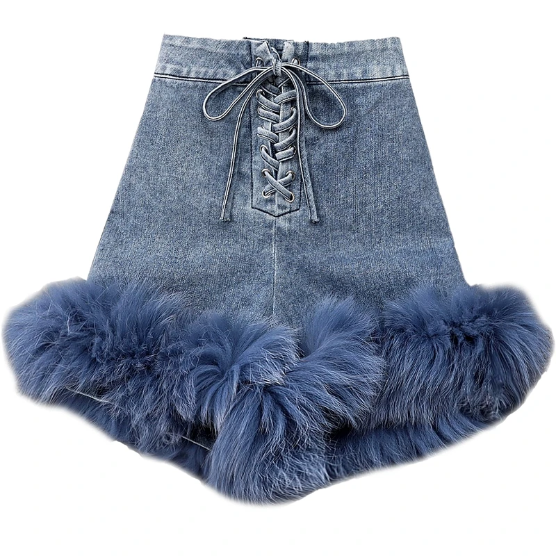 Autumn Spring Lace Up Denim Shorts Women High Waist Fashion Fur Stitching Boots