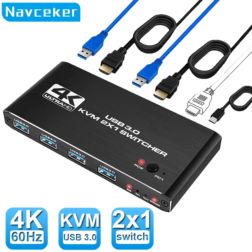 KVM-переключатель 4K USB 3,0, переключатель 8K HDMI-совместимый KVM-переключатель 2 в 1 для 2 ПК, совместное использование клавиатуры, мыши, EDID / HDCP принтера