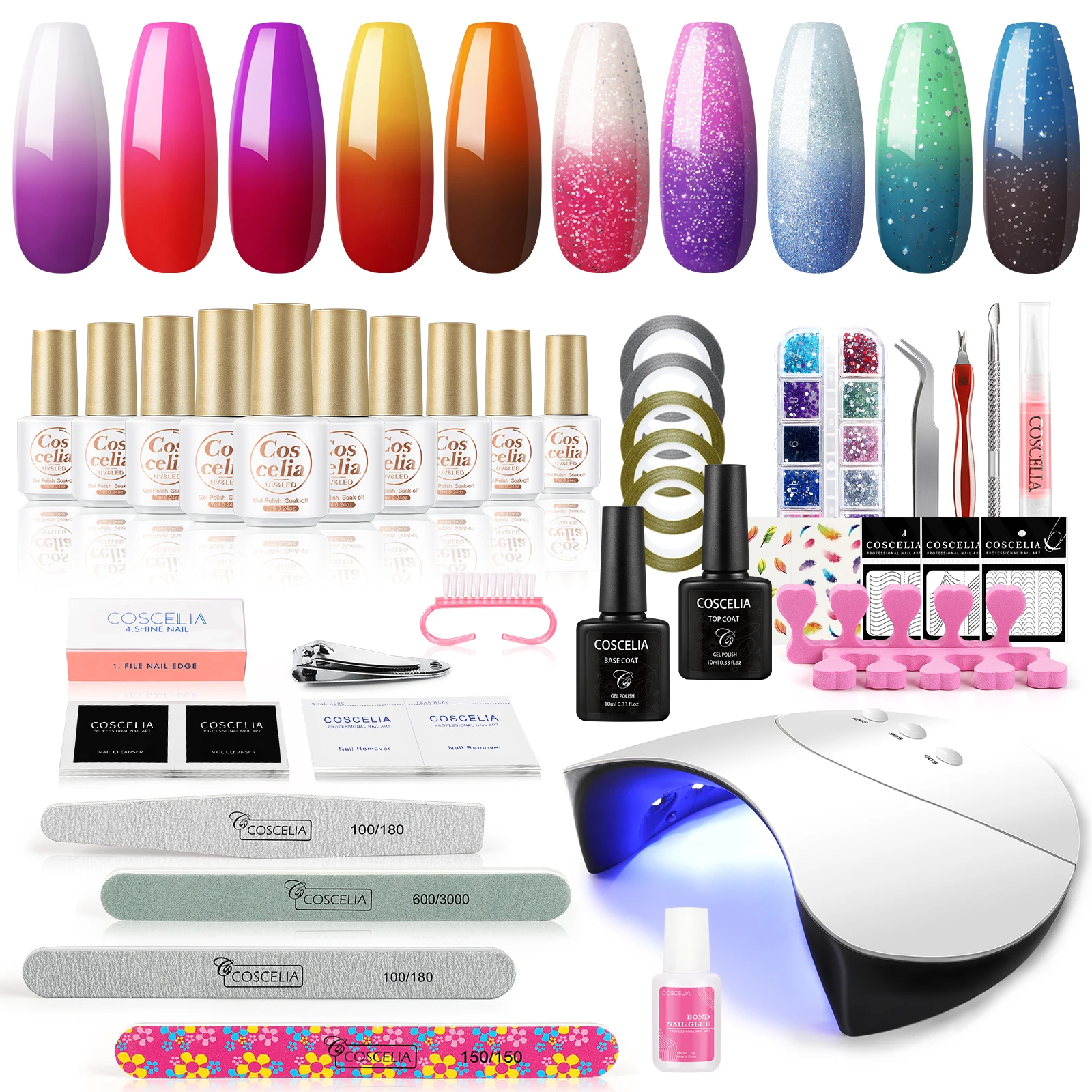 

Nail Set With UV LED Lamp Dryer Temperature Nail Gel Polish Kit Soak Off Manicure Tools Set Base Top Coat Nail Art Tools Sets