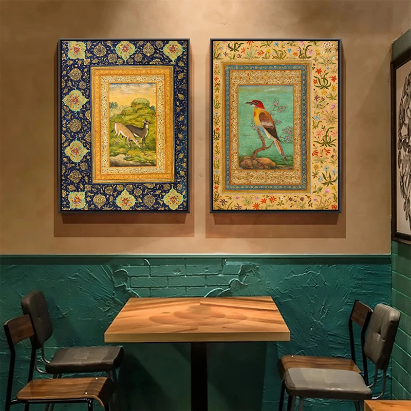 Античный Традиционный персидский узор Олень в ландшафте птица Цветы постер