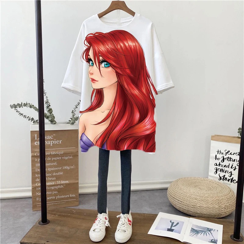 

2022 new Ariel Princess Mermaid 3D printing T-shirt Harajuku summer casual women's T-shirt oversized T-shirt Disney T-shirt