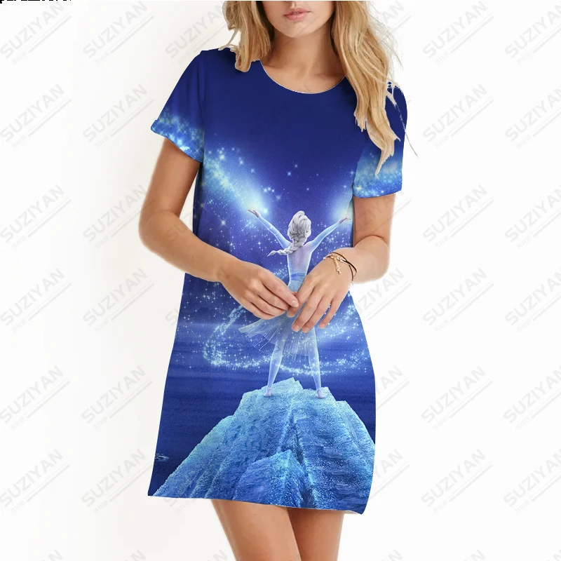 

New Summer Women's Disneyland Ice and Snow Legend 3D Printed Beach Skirt Round Neck Pullover Short Sleeve Casual A-line Dress