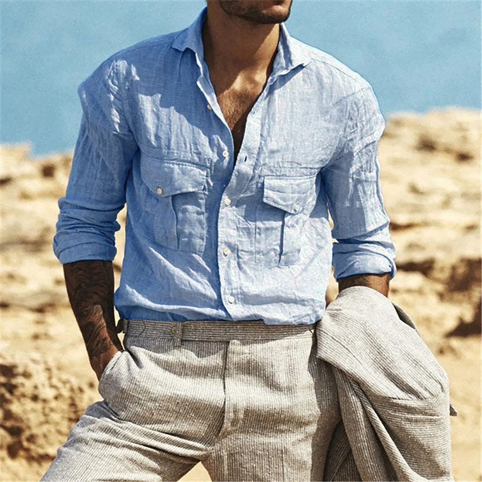 Рубашка мужская с длинным рукавом сорочка из хлопка и льна на пуговицах