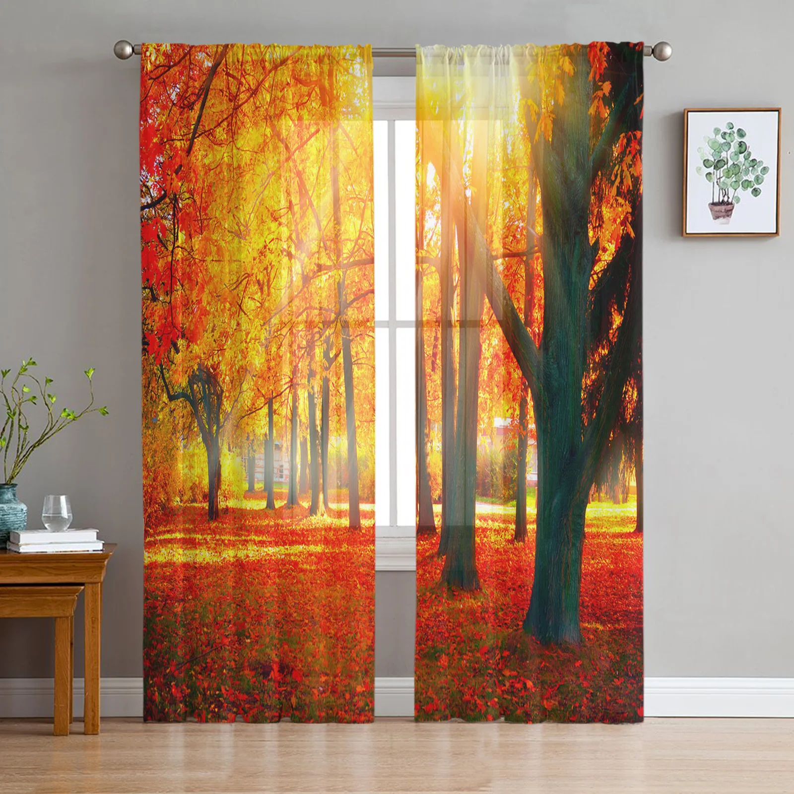 

Maple Leaf Autumn Forest Landscape Tulle Curtains for Kids Bedroom Living Room Window Treatments Sheer Voile for Kitchen Drapes
