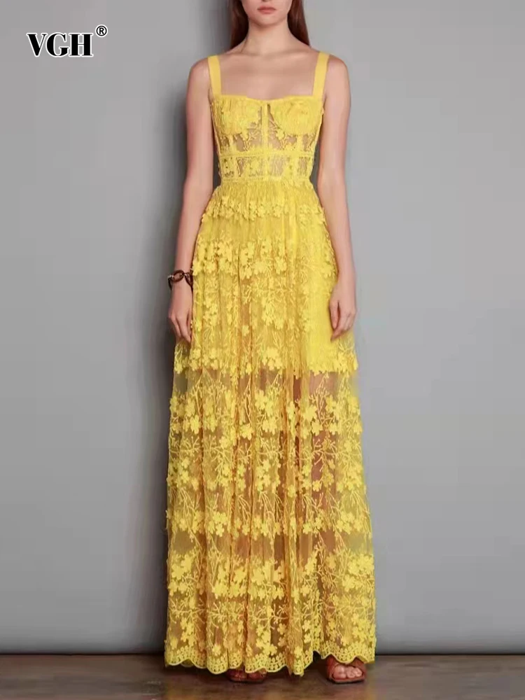 

VGH Patchwork Embroidery Camisole Dress For Women Square Collar Sleeveless High Waist Long Dresses Female 2022 Summer Clothing