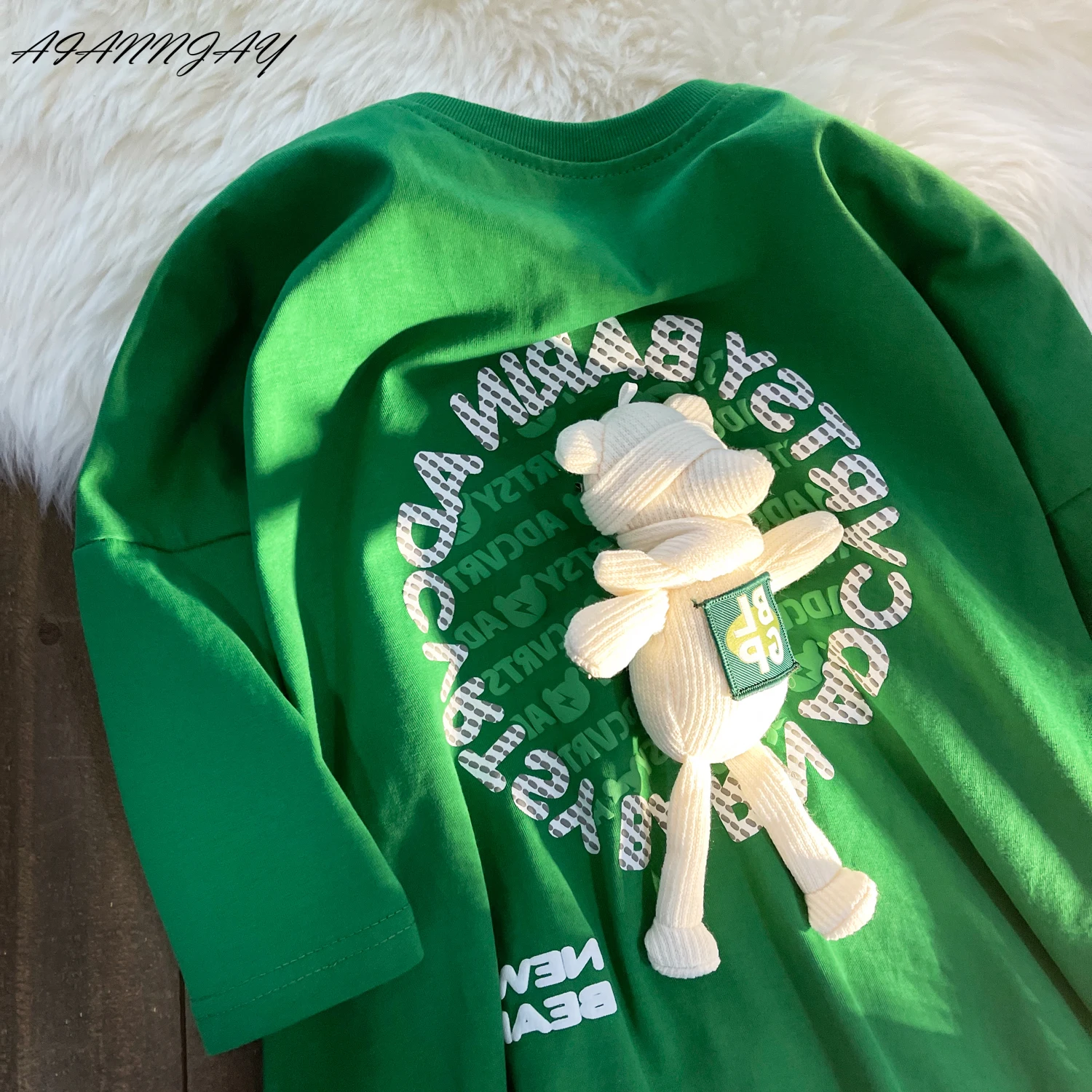 

Модная женская футболка 2022 Женская Ретро зеленая милая кукла медведя футболка с коротким рукавом нишевые дизайнерские топы на застежке лка...