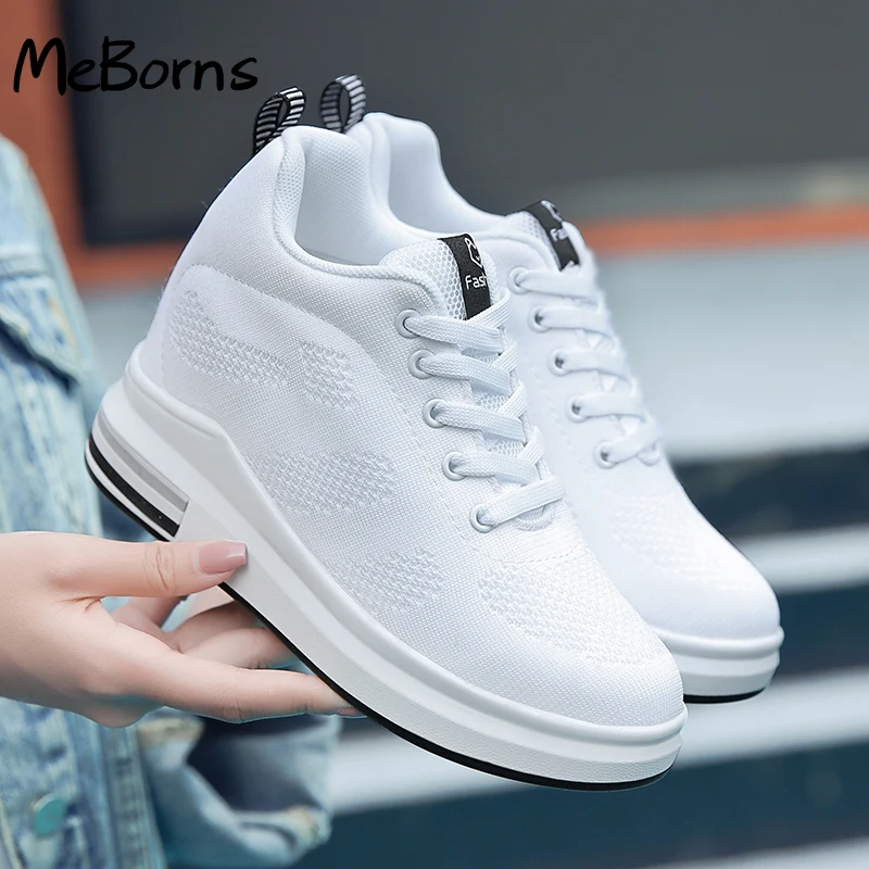 

8.5 cm Height Increasing New Women Platform Sneakers White Non-Slip Lace Up Loafers Woman Ladies Wedge Shoes Chaussure Femme