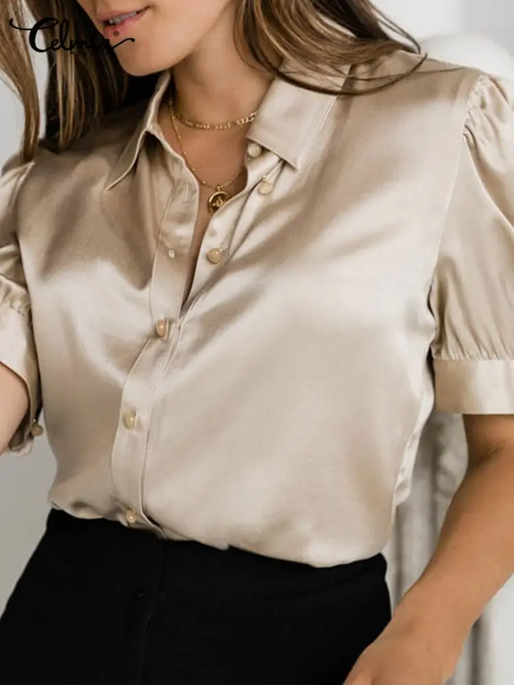 

Celmia Women Elegant Satin Shirts Vintage Puff Sleeve Blusa Fashion Lapel Tops Office Lady Summer 2022 Single Breasted Blouses
