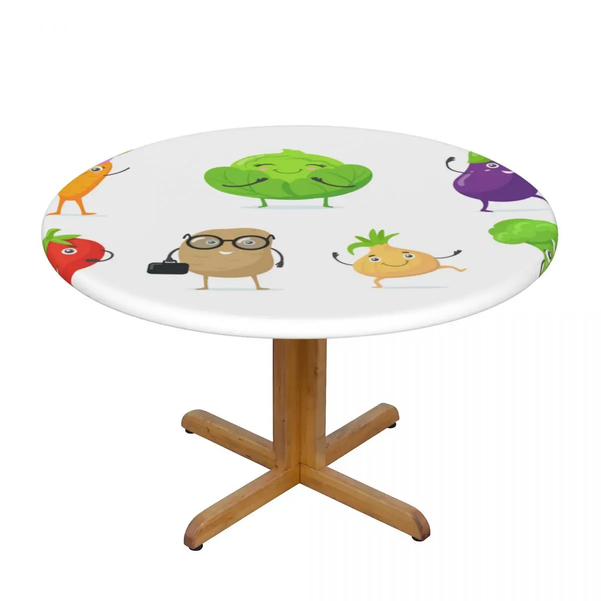 

Cute Vegetable Mascots Waterproof Polyester Round Tablecloth Catering Fitted Table Cover with Elastic Edged