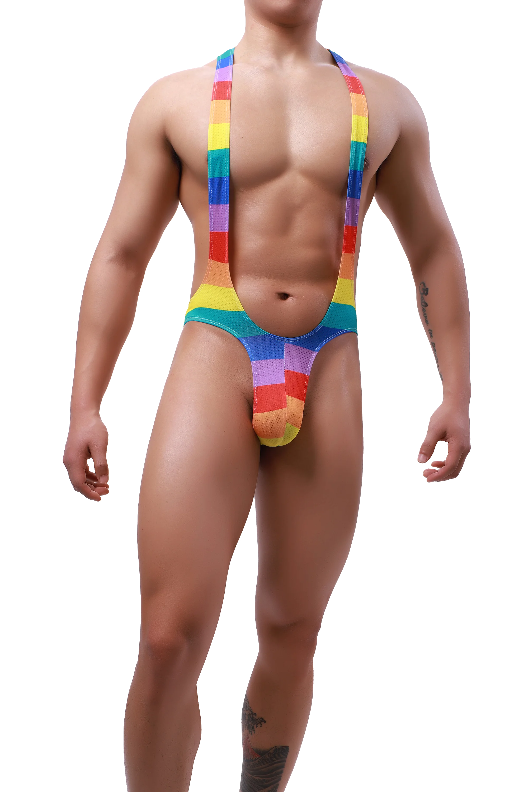 Sexy Gay Man Thong Rainbow Print Bodysuits Men's Mesh Jockstrap Underwear Jumpsuits Wrestling Singlet Bodysuit Men Body Shapers