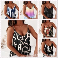 new summer women alphabet print chain sling top v neck cami top casual sleeveless ladies t shirts daily wear blouse 2022