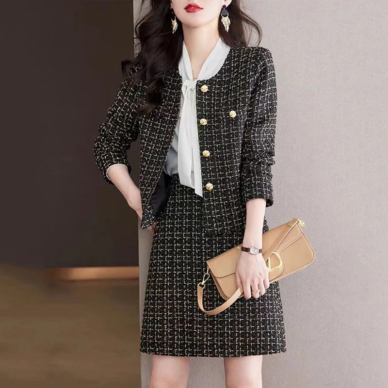 Женский твидовый комплект из 2 предметов в черно-белую клетку с курткой длинным