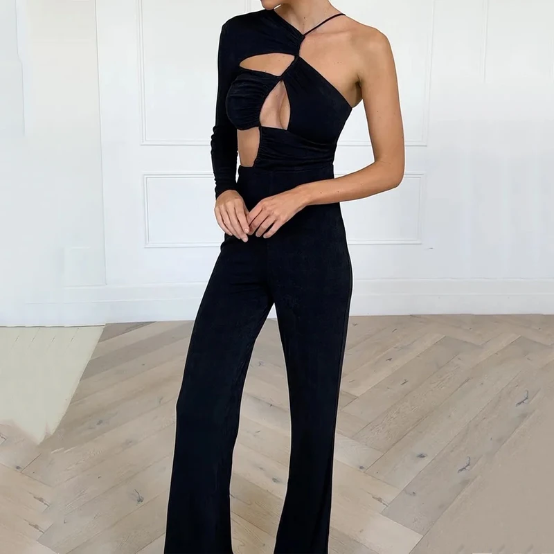 

LIYONG Women Jumpsuit Sexy One Sleeve Lace Up Solid Color Hollow Loose Wide Legs Pants Party Romper High Streetwear