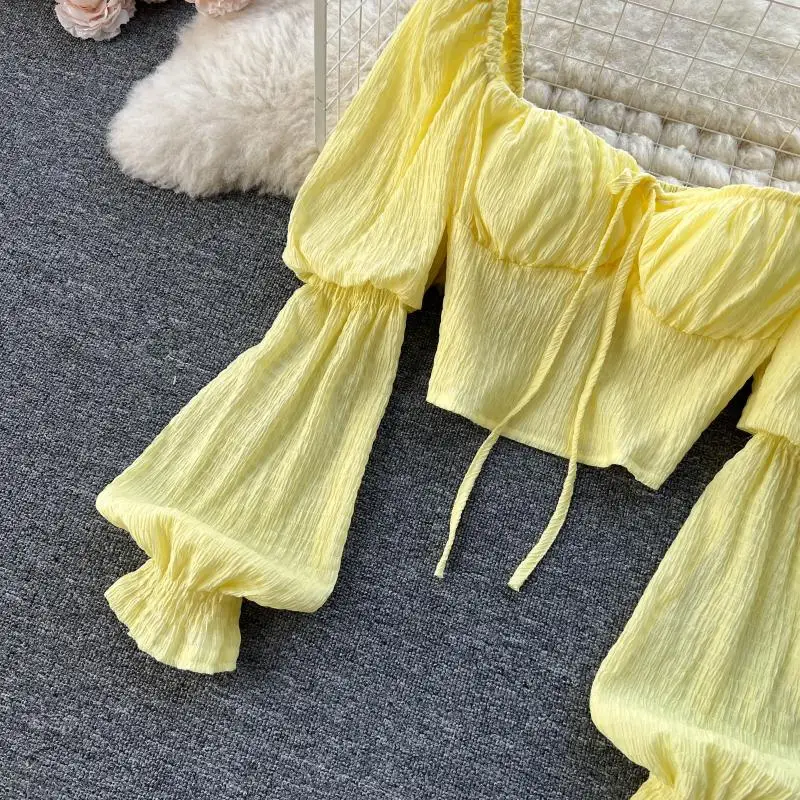 Блузка женская с квадратным вырезом Элегантная короткая однотонная