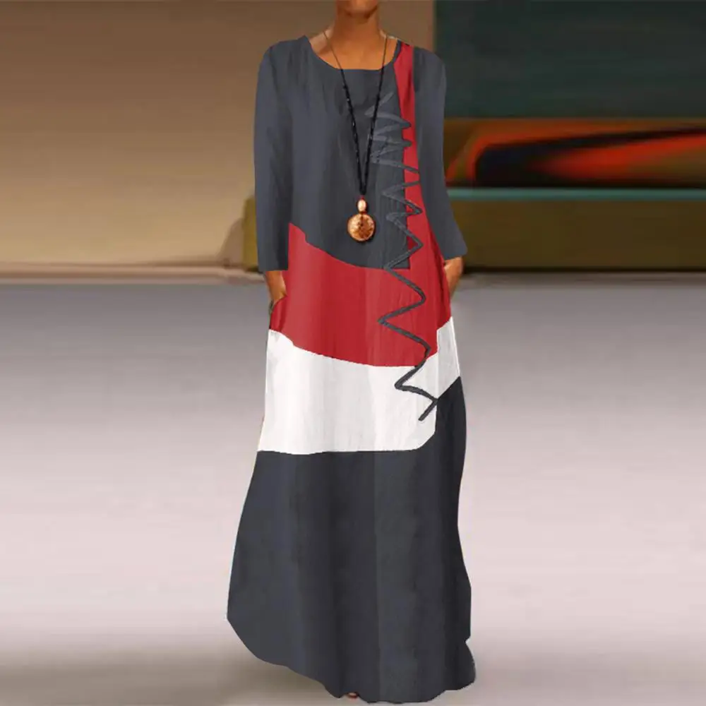 

Women Loose Dress Long Sleeve O Neck Plus size dress Vintage Color Block Wavy Line Pockets Maxi Wavy Line Maxi 2020