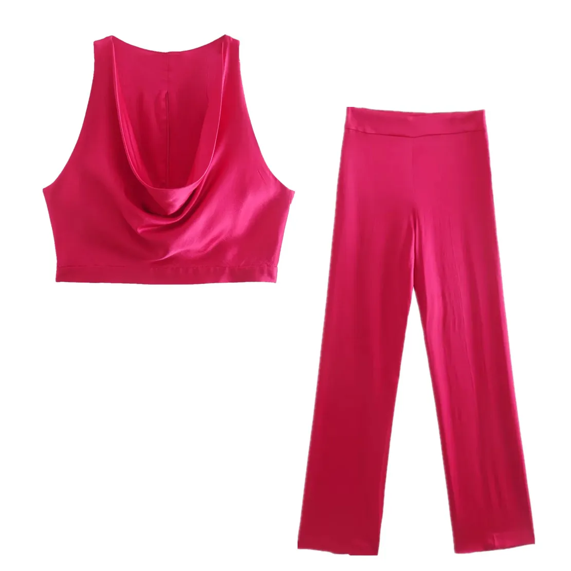 

Elmsk Fashion Rose Color Solid Silk Tank Tops And Harem Pants England Style Casual Trousers Sets Women