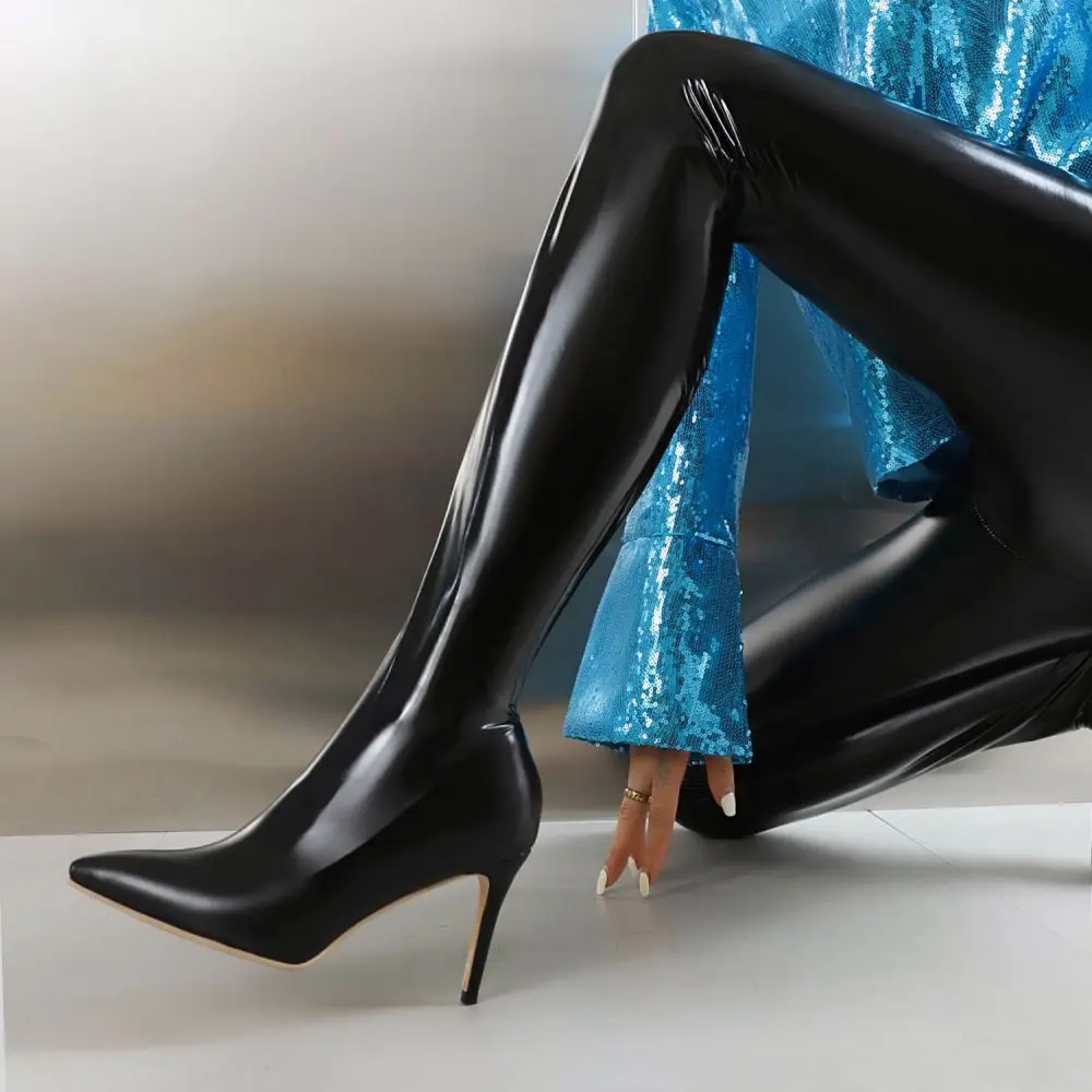 Women's Winter Bright Patent Leather Trousers Stretch Boots Boots Over the Knee Pointy Toe Super High Thin Heels Plus Size Pumps