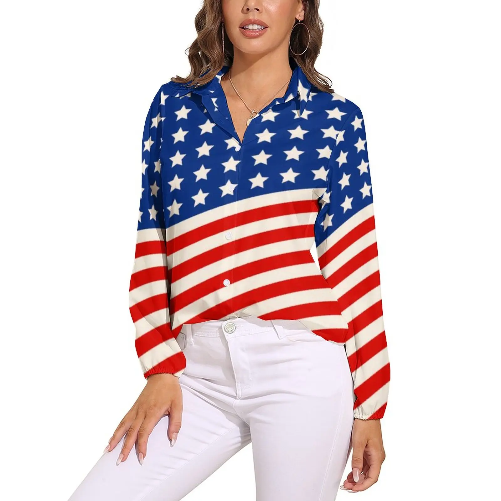 

American Flag Print Blouse Long-Sleeve Stars and Stripes 4th of July Vintage Blouses Street Fashion Oversized Shirts Pattern Top
