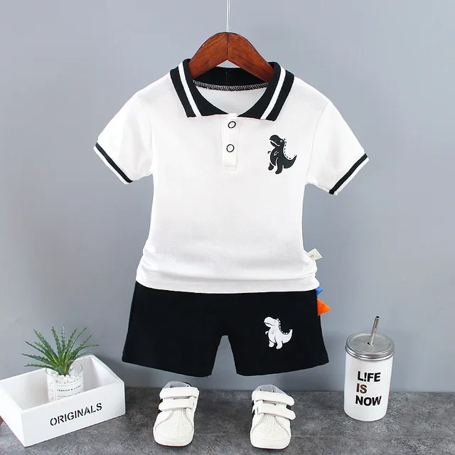 Summer Outfits for Baby Boys 9 to 12 Months Dinosaur Printed Turn-down Collar T-shirts Tops and Shorts 2PCS Infant Clothing Sets 1