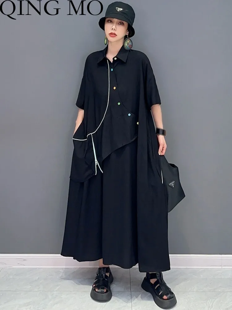 QING MO 2023 Summer New Korean Black Short Sleeve Dress Women Fake Two Piece Fashion Long Dress ZXF2955