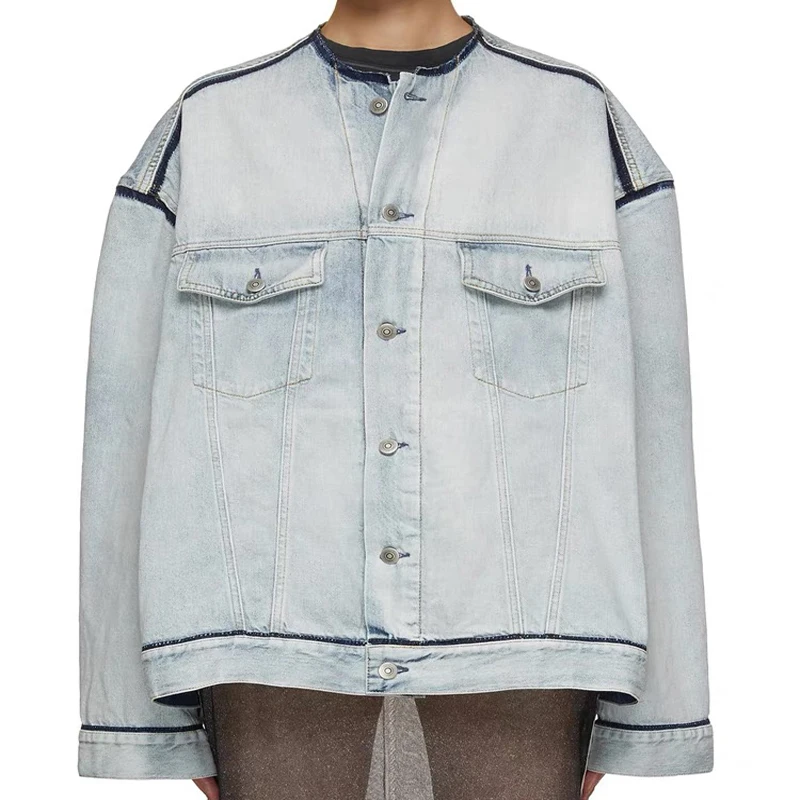 Новая американская ретро светлая джинсовая куртка без воротника осенняя женская