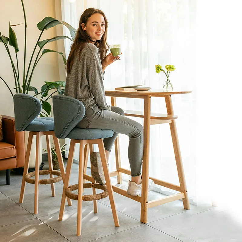 Modern and simple home retro high chair, upright shape, solid wood revolving bar chair, solid wood backrest