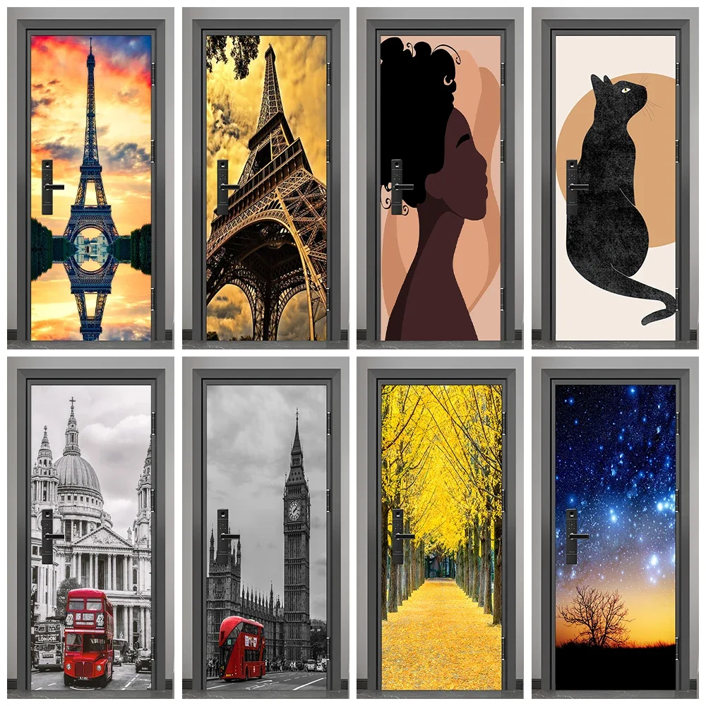 Красный автобус Эйфелева башня дверная наклейка самоклеящаяся абстрактная