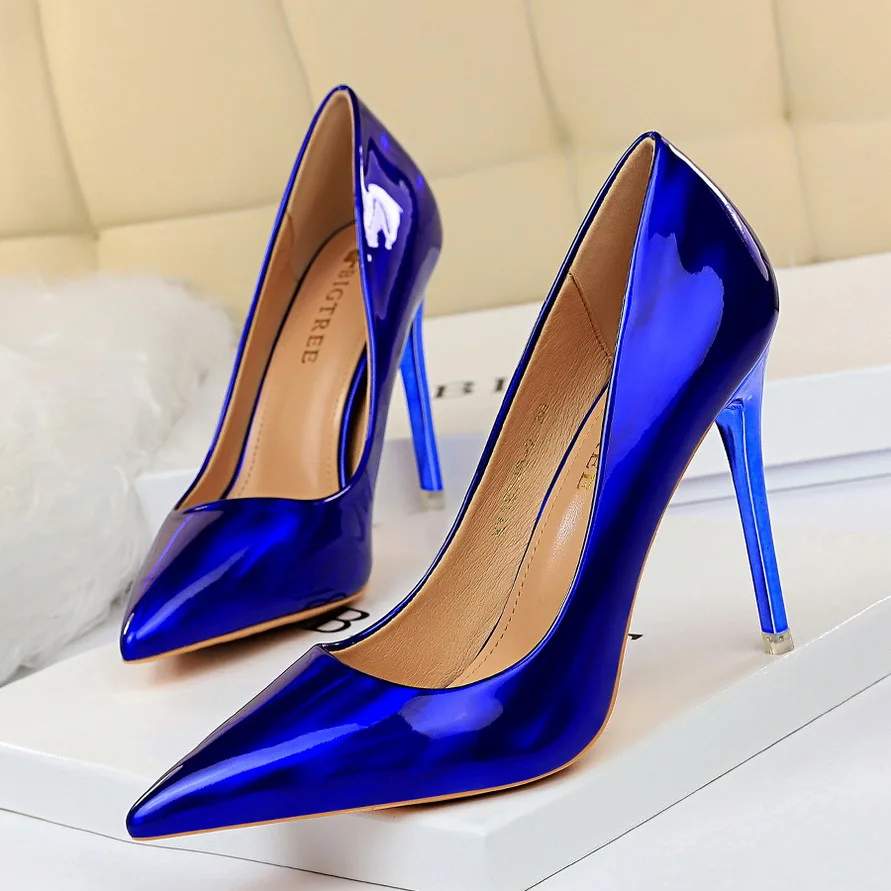 

BIGTREE Shoes Women High Heels 10.5CM Green Blue Patent Leather Pumps Ladies Wedding Bridal Shoes Fetish Stiletto Plus Size 43
