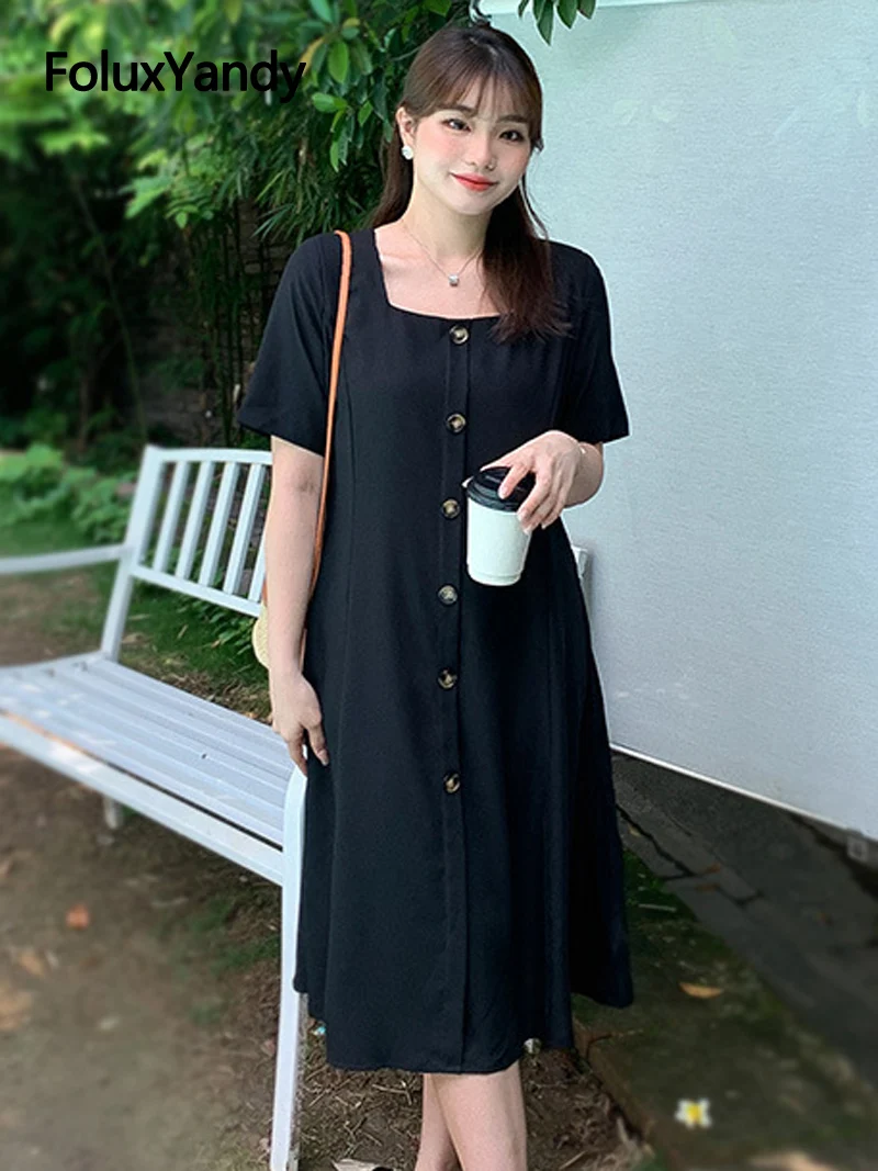 

Slim A-line Dress Women Square Collar Office Lady Summer Short Sleeve Dress Black Green OLL304