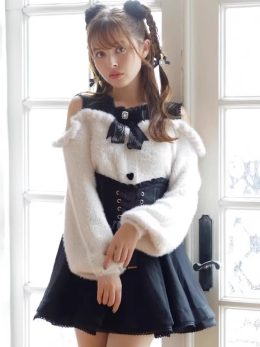 Вязаный свитер с бантом кружевной трикотаж открытыми плечами топ длинными