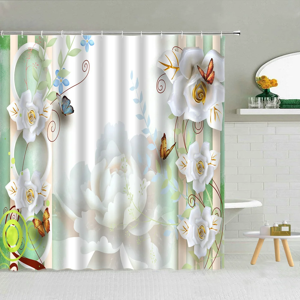 

flower bird Shower Curtain Wood Grain Backdrop Bathroom Decor Curtains Waterproof Chinese landscape Fabric Hooks Bath Screen