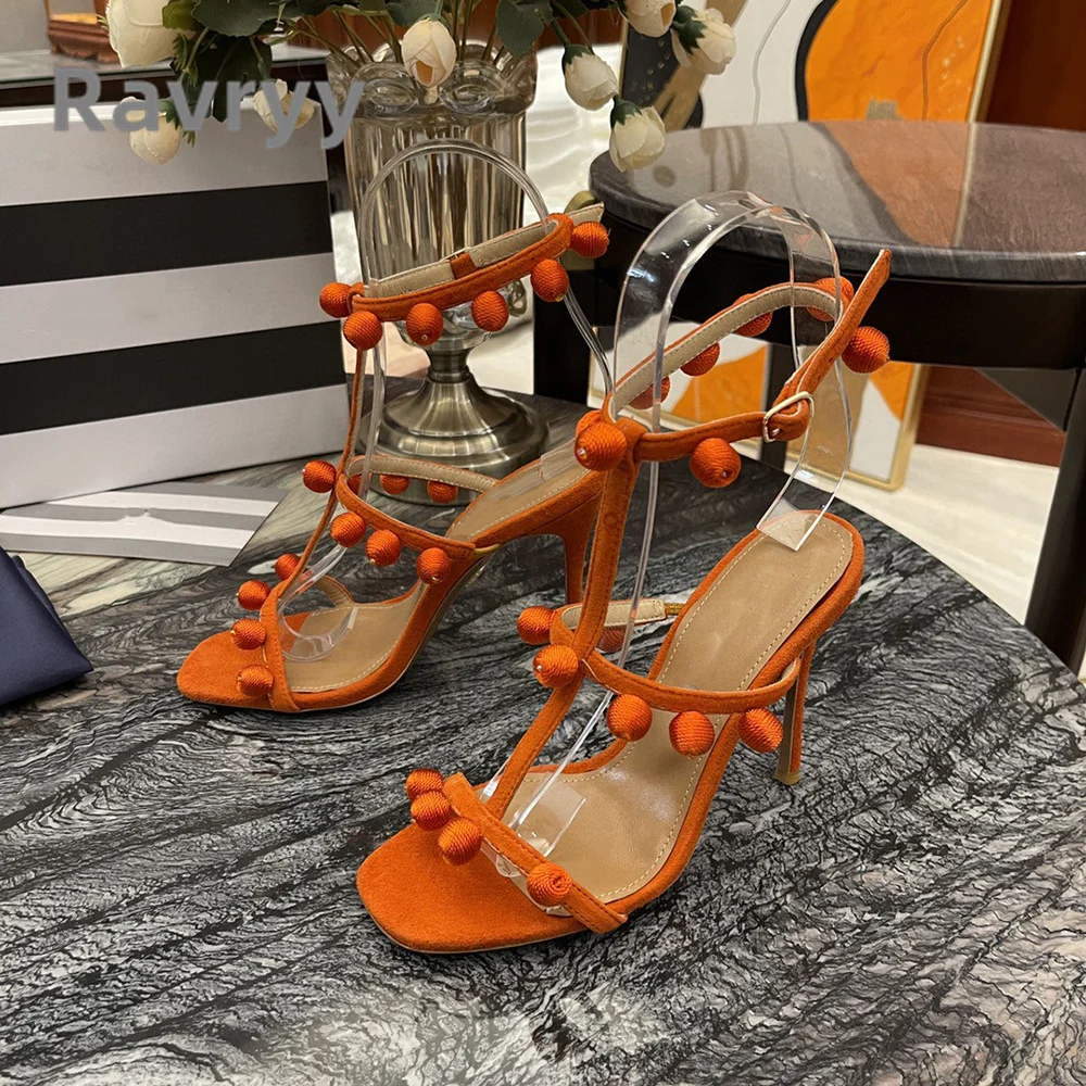 2023 Summer New Rhinestone Ball Versatile Super High Heel Sandals Genuine Leather Slim Heel Sexy Open Toe Women's Daily Sandals