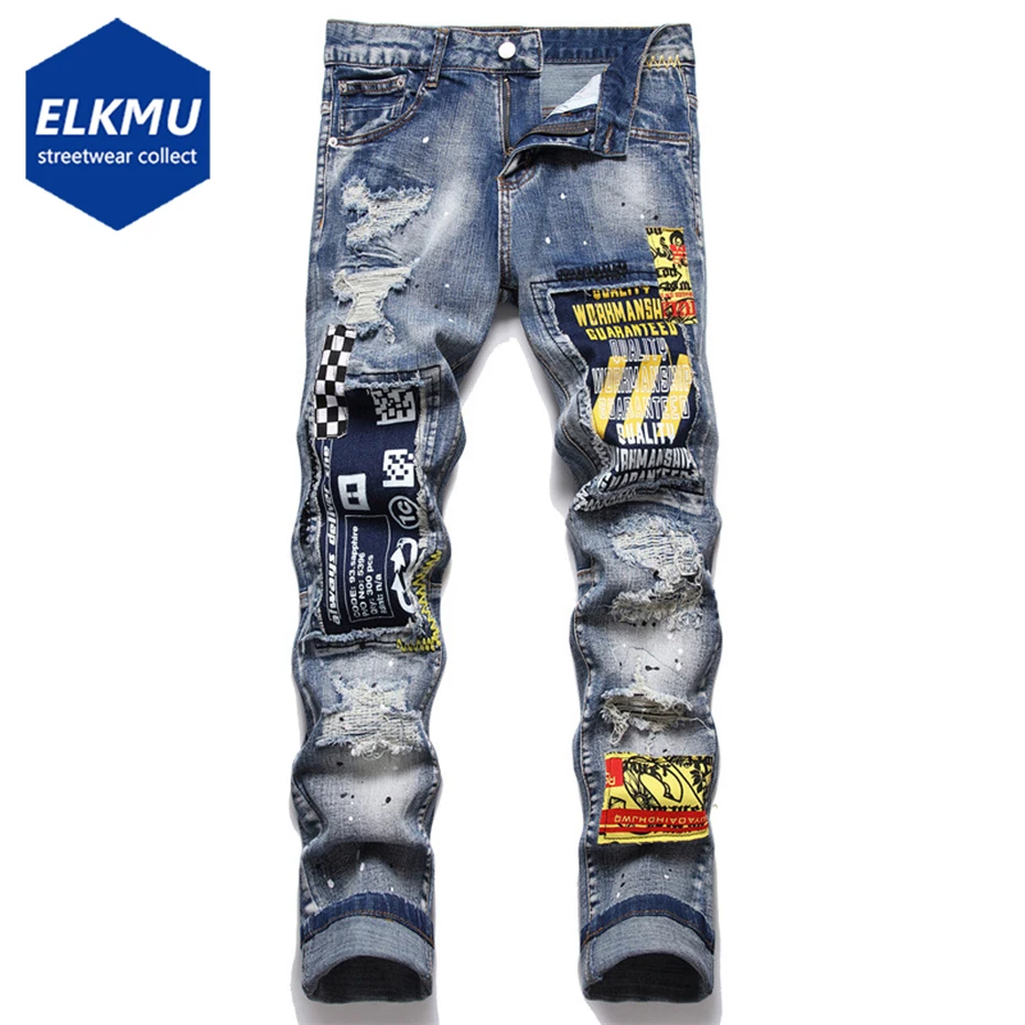 

Ripped Patchwork Fashion Men Jeans Distressed Streetwear Trend Jeans Slim Denim Pants Hip Hop Harajuku Jeans Trousers for Man