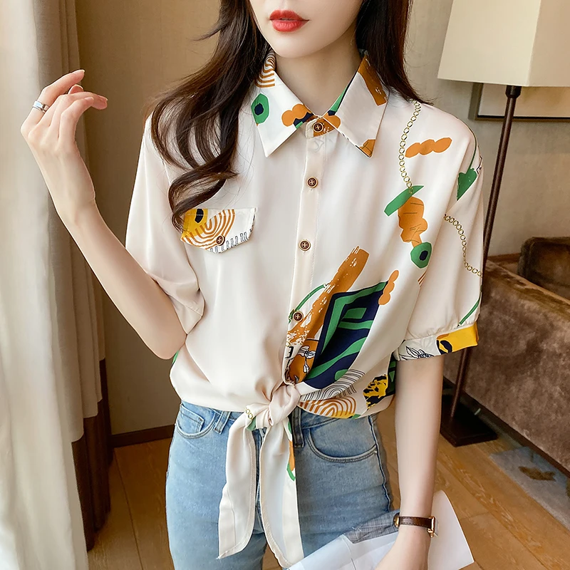 

Large Size Printing Shirt Chiffon Women's Blouse Summer Elegant Short Sleeve Top Casual Fashion Female Korean Style Clothing