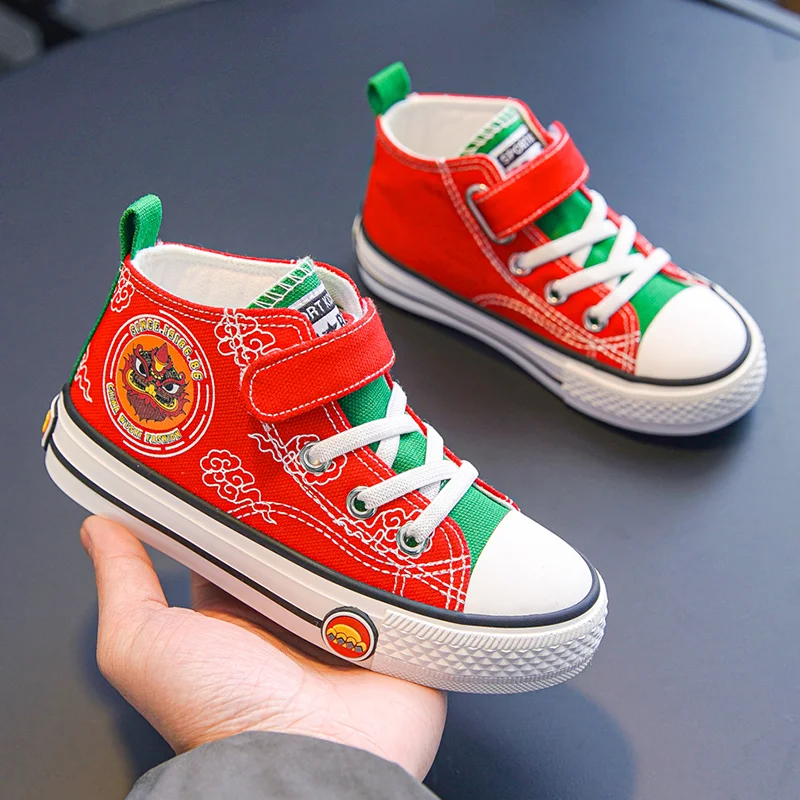 Spring Summer Fashion Red High top Canvas Shoes for Boys Girls Comfort Non-slip Kids Sneakers 5-12 Year Old Children Shoes 2022