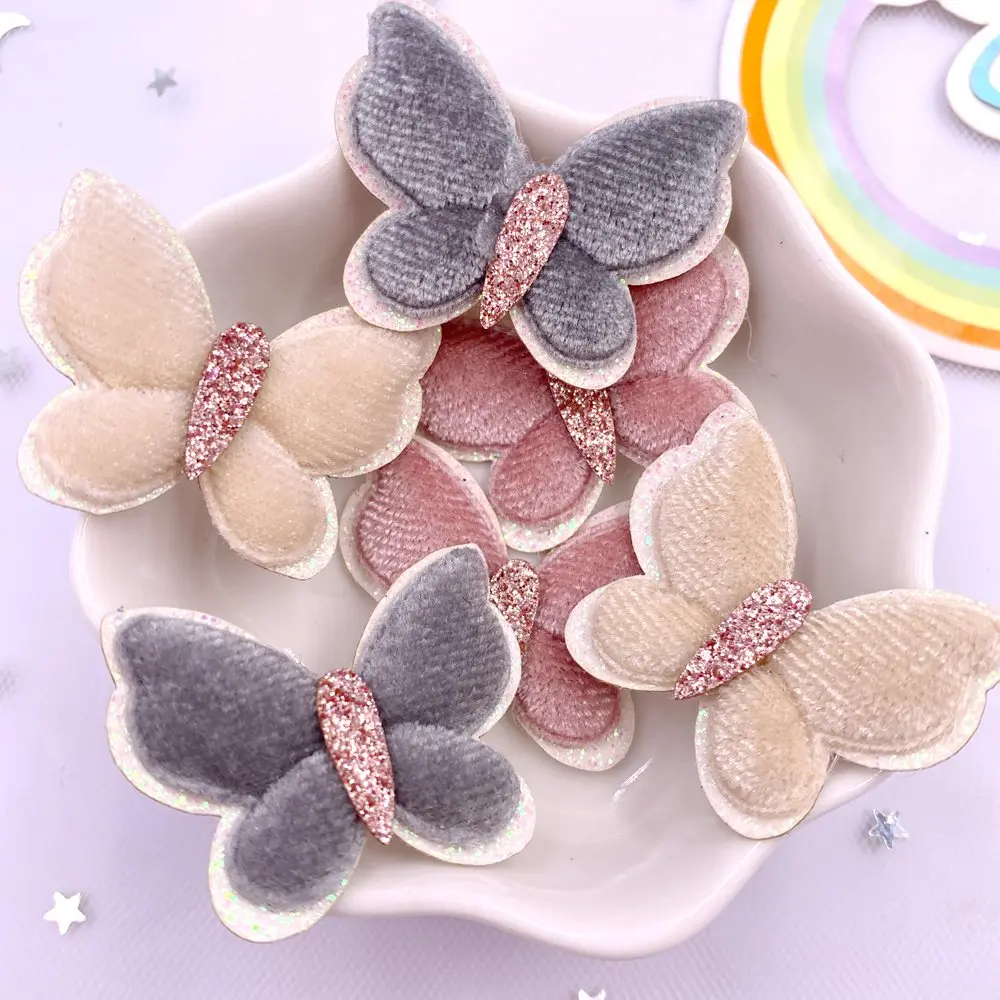 Ful Glitter Flannelette Padded Fabric Butterfly  Applique Patchs Wedding Girl Hair Clip Diy Bow Craft Supplies Xe814