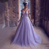 boho purple a line glitter tulle prom dress spaghetti straps appliques long backless evening gowns beaded formal party gowns