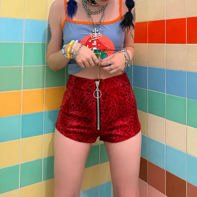 Vintage Leopard/Cow Print Shorts Y2K Aesthetic Grunge Zipper Up Skinny Pants E-girl Gothic Goth Bottoms Women Clothes