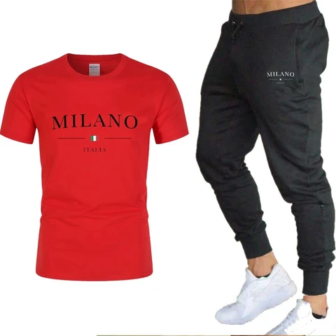 Набор camiseta e calça com letras Milan masculinas, camiseta de манга curta e moletom, топы из хлопка puro, calça