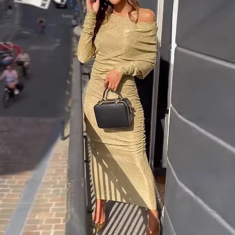 

Модный дизайн, облегающее блестящее женское платье с вырезом лодочкой, элегантное осеннее Новое Плиссированное облегающее платье, женское вечернее платье с блестками для банкета