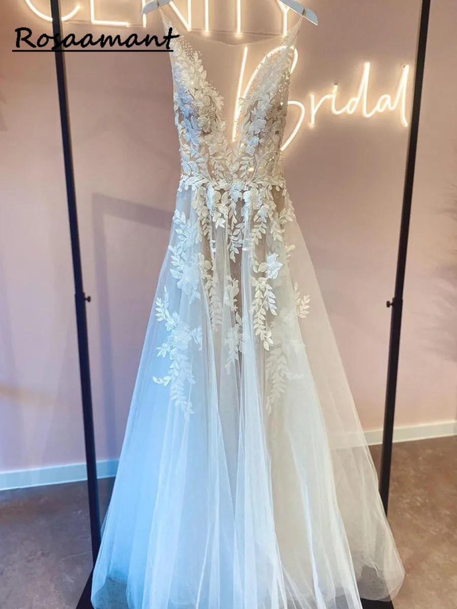 

Illusion O-Neck Applique Wedding Dress Plus Size Beach Bridal Gown Lace Up Backless vestidos de novia playa Custom Made