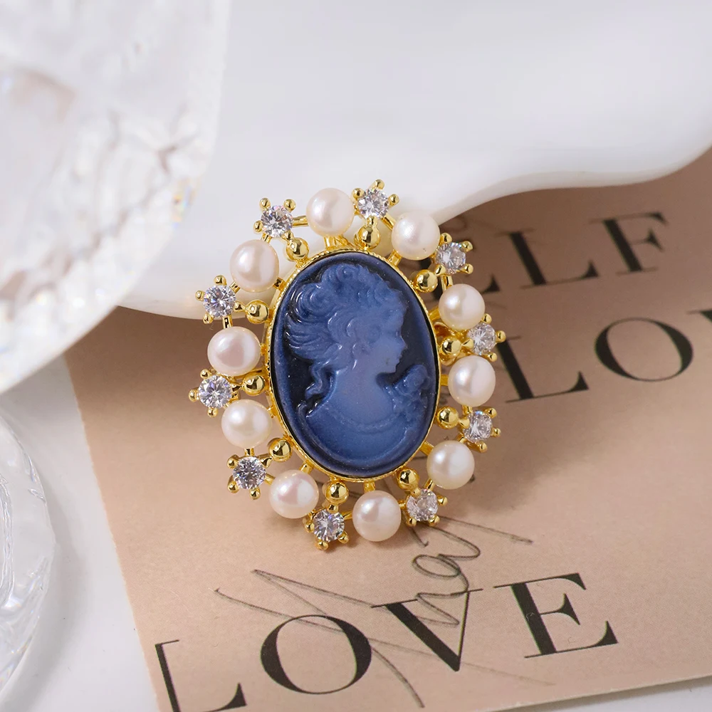 Броши GLSEEVO с натуральным жемчугом камея синие резные инкрустированные цирконами
