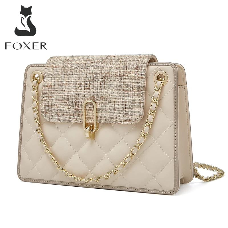 FOXER Elegant Lady Split Leather Shoulder Bag Women Messenger Bag Diamond Lattice Chain Bag Casual Handle Underarm Crossbody Bag