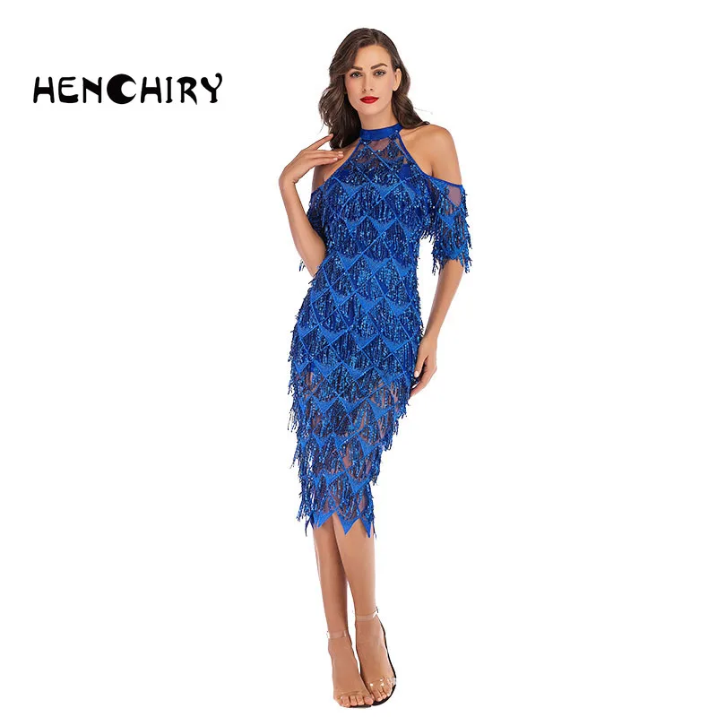 

Sexy Slim Sequined Tassel Dress Women Slim Slim Evening Dress Half Sleeves