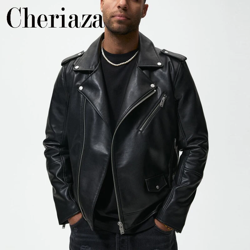 

Spring Autumn Fashion Men Black Classic Faux Leather Biker Jacket Casual Long Sleeves Zipper Street Outerwear Male Tops 2022