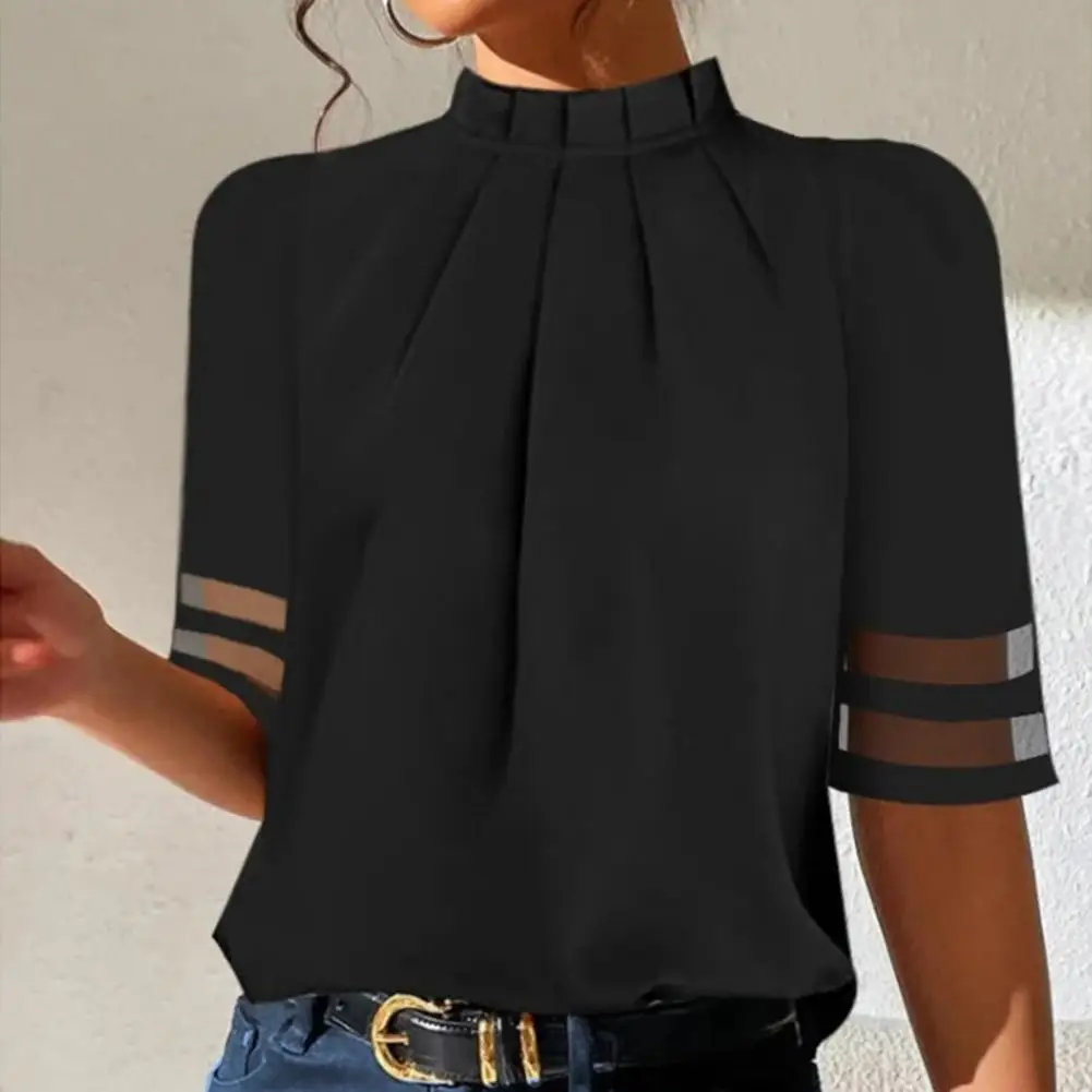 

Women Solid Color Top Lightweight Women Blouse Stylish Women's Office Blouse Elegant High Collar Mesh Stitching for Casual