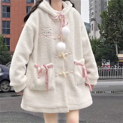 Зимнее милое шерстяное пальто для женщин, свободная японская милая Лолита, верхняя одежда, куртка, женское теплое пальто с карманами в Корейском стиле, 2023