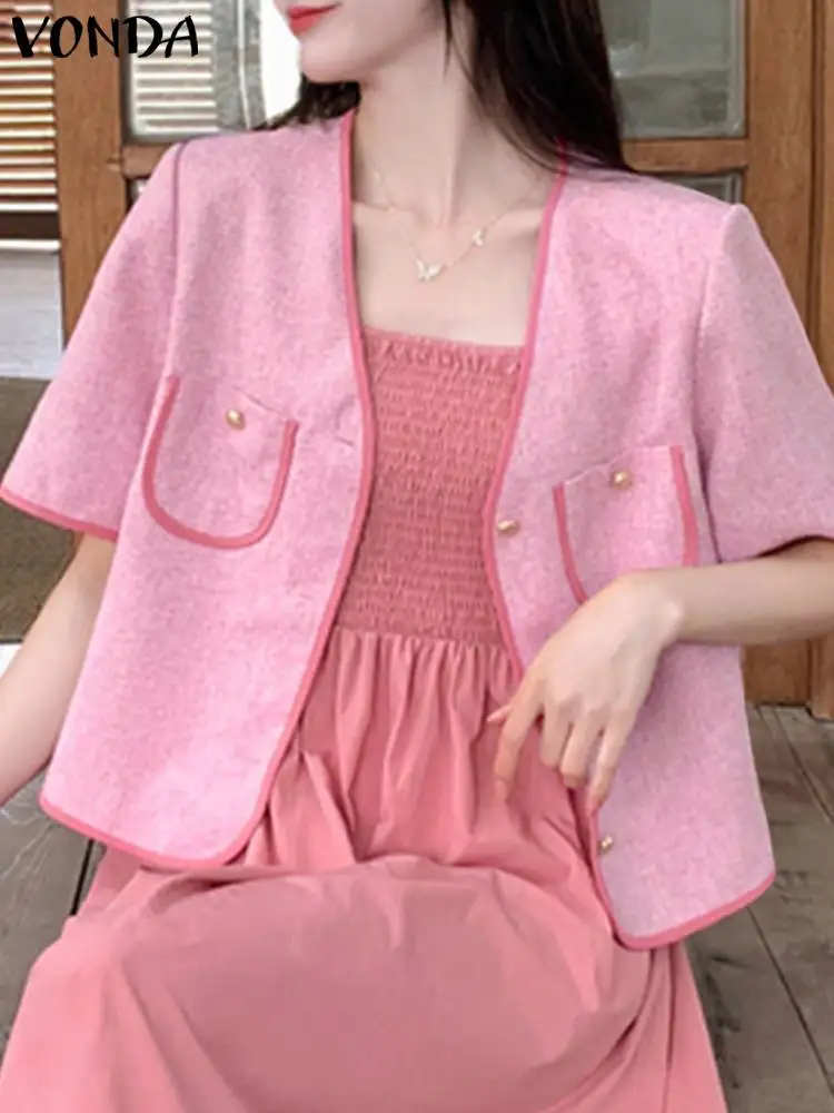 

Women Shirts Fashion Short Sleeve 2023 VONDA Summer Solid Color Tops Casual Shirts Elegant Blouse Female Loose Outwear Baggy