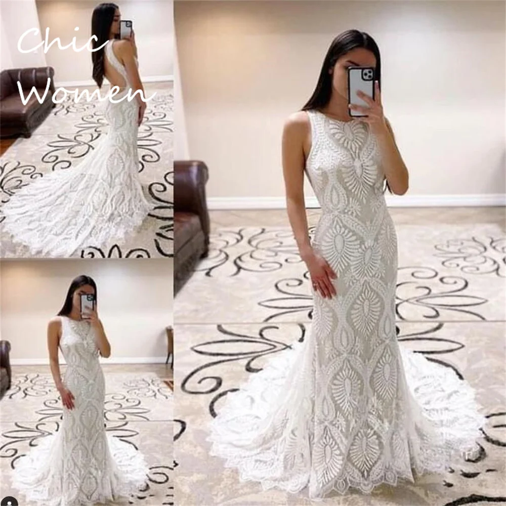 

Open Back Fishtail Beach Wedding Dress 2023 Round Neck Sexy Sleeveless Mermaid Boho Bride Dress Ivory Plus Size Women Brautkleid